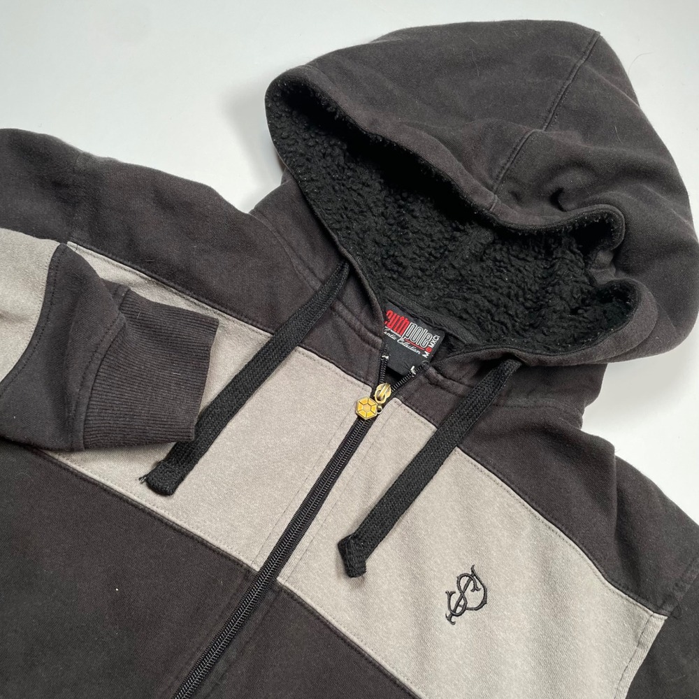 Southpole Mens Full Zip Hoodie Black Grey Striped Sherpa Lined Hood Large Y2K